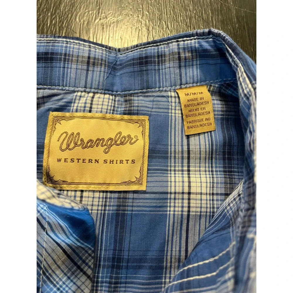 Wrangler Western Shirts Mens Blue Plaid Short Sleeve Snap Front Cowboy Shirt M - Picture 2 of 5